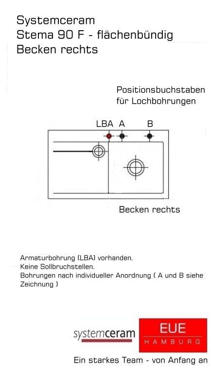 Systemceram Keradomo Keramikspüle Stema 90-F flächenbündig Becken rechts Lochbohrungen