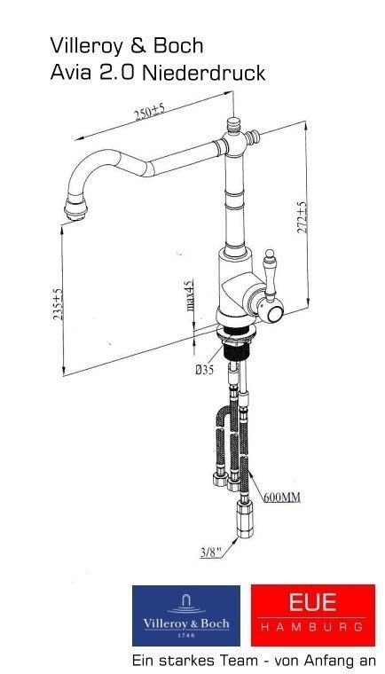Villeroy & Boch Küchenarmatur Wasserhahn Avia 2.0 Niederdruck Skizze und Bemaßung