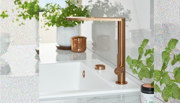 Diese ist eine Produktfoto einer Villeroy und Boch Küchenarmatur Finera Edelstahl massiv Bronze. Beratung und Verkauf über EUE Hamburg