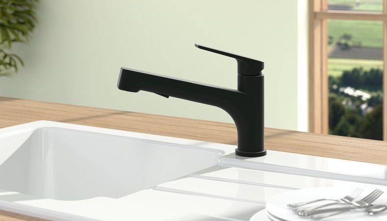 Villeroy und Boch Küchenarmatur Wasserhahn Junis Shower Edelstahl massiv Matt Black Produktbild