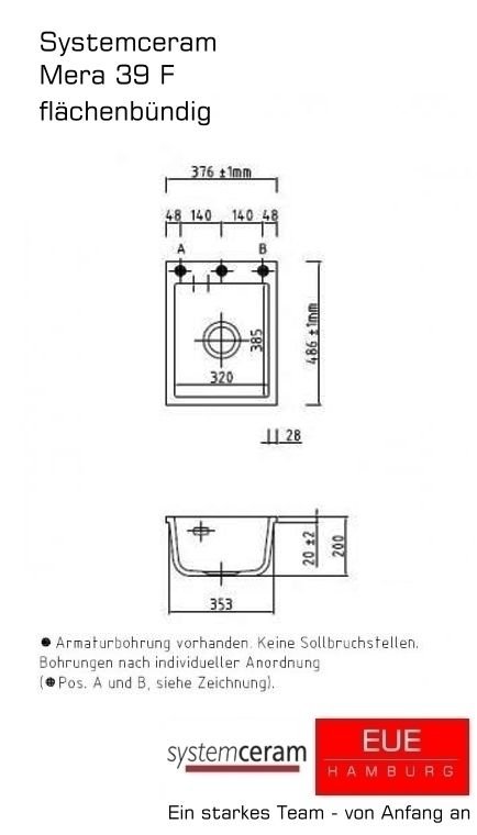 Systemceram Keramikspüle Mera 39 F flächenbündig Skizze