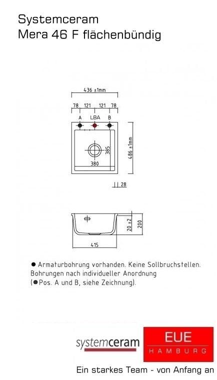 Systemceram Keramikspüle Mera 46 F flächenbündig Skizze und Bemaßung