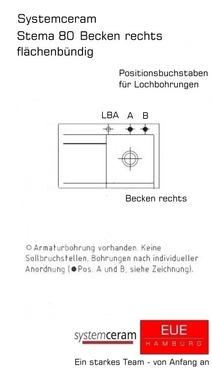 systemceram Keramikspüle Stema 80 F Becken rechts flächenbündig Lochbohrungen