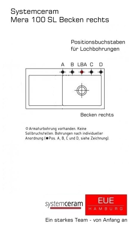 Systemceram Keramikspüle Mera 100 SL Becken rechts Lochbohrungen