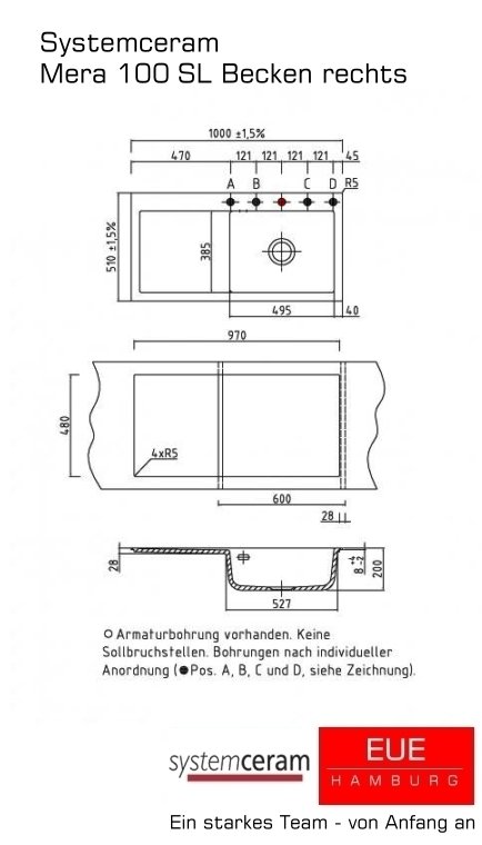 Systemceram Keramikspüle Mera 100 SL Becken rechts Skizze und Bemaßungen